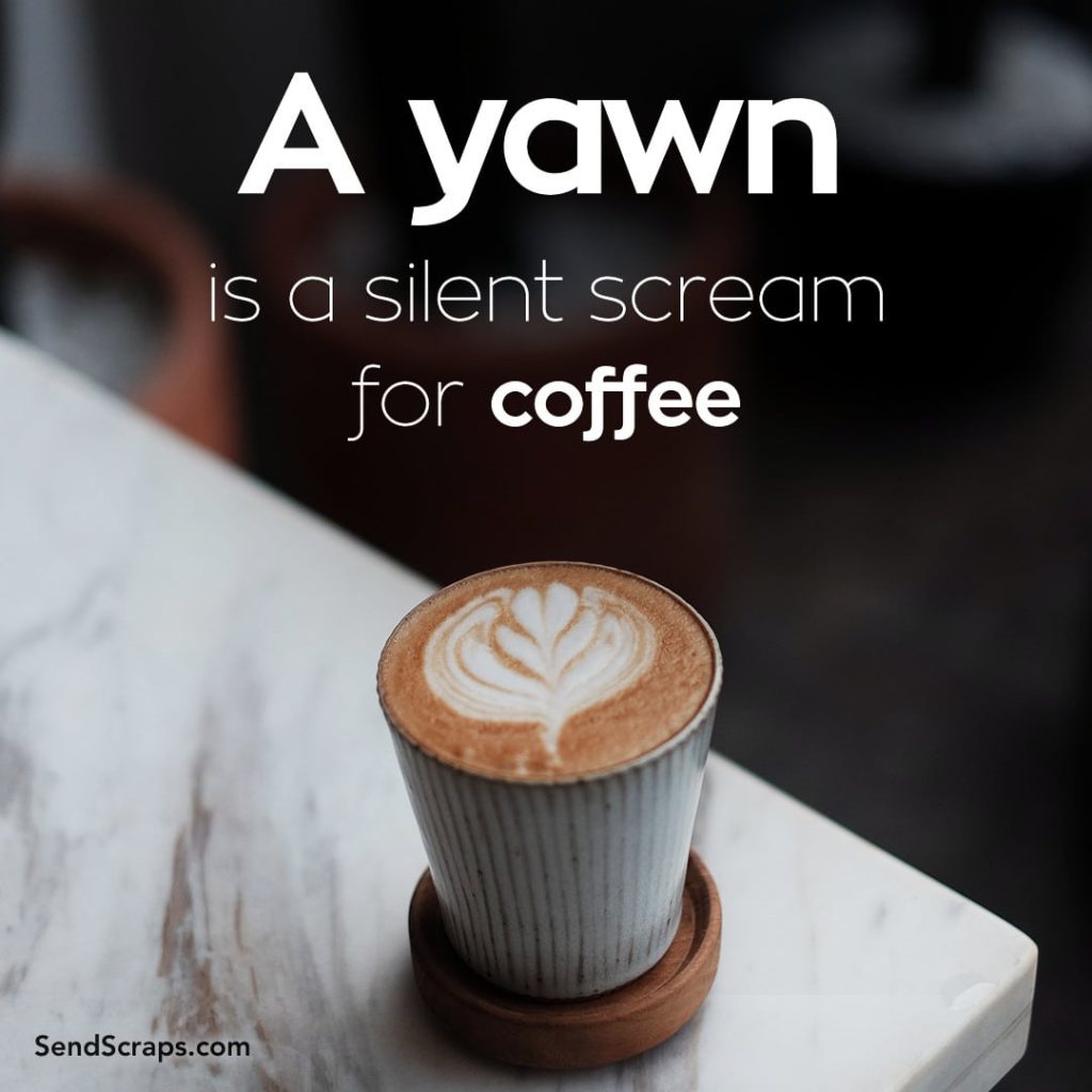 Cup with latte art on a marble surface, with coffee quote text