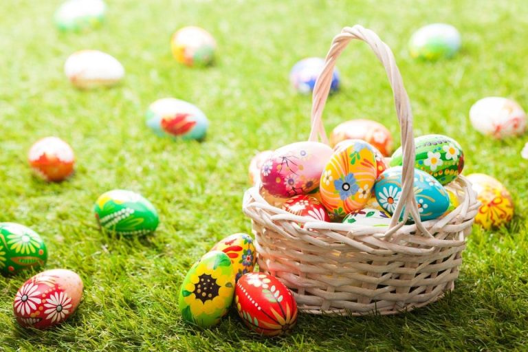A basket of colorful Easter eggs